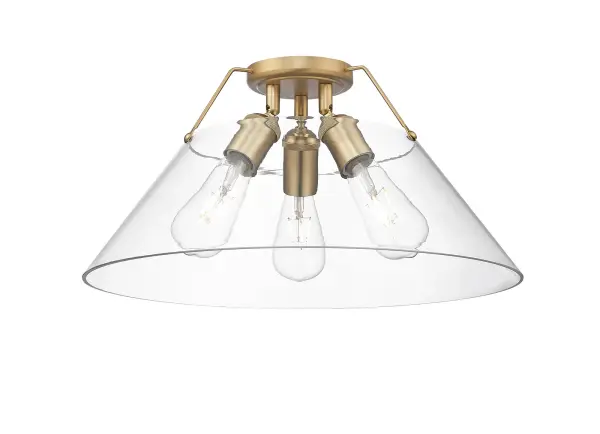 Bring industrial elegance into your home with the Yep by Golden Lighting Orwell 3-light Flush Mount. Featuring a glass shade and a Brushed Champagne Brass frame, it creates a welcoming atmosphere. The clear glass shade offers brilliant, unobstructed light with its polished finish, enhancing your space with clarity and sophistication. This elegant finish, achieved through a durable electroplating process, adds a touch of quiet luxury and contemporary style. Ideal for low ceilings in hallways, closets, laundry areas, and bathrooms, this fixture is Damp Location Rated, making it suitable for covered and semi-enclosed spaces. Overall dimensions are 18.75"W x 9.25"H x 18.75"D, and it requires 3 E26 medium base bulbs (not included), with a maximum wattage of 60 per bulb. Embrace the perfect blend of modern sophistication and functional lighting with this exquisite flush mount.