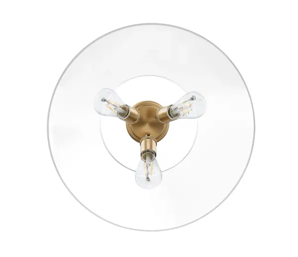 Bring industrial elegance into your home with the Yep by Golden Lighting Orwell 3-light Flush Mount. Featuring a glass shade and a Brushed Champagne Brass frame, it creates a welcoming atmosphere. The clear glass shade offers brilliant, unobstructed light with its polished finish, enhancing your space with clarity and sophistication. This elegant finish, achieved through a durable electroplating process, adds a touch of quiet luxury and contemporary style. Ideal for low ceilings in hallways, closets, laundry areas, and bathrooms, this fixture is Damp Location Rated, making it suitable for covered and semi-enclosed spaces. Overall dimensions are 18.75"W x 9.25"H x 18.75"D, and it requires 3 E26 medium base bulbs (not included), with a maximum wattage of 60 per bulb. Embrace the perfect blend of modern sophistication and functional lighting with this exquisite flush mount. - alternate view