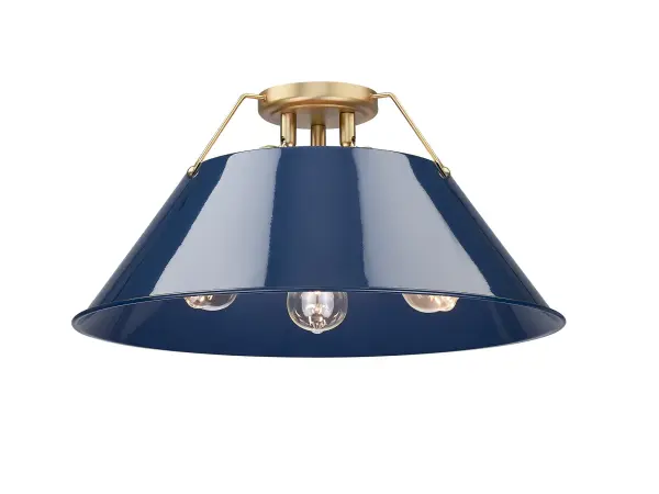 Orwell Three Light Flush Mount in Brushed Champagne Brass with Navy Blue Shade - Image 1