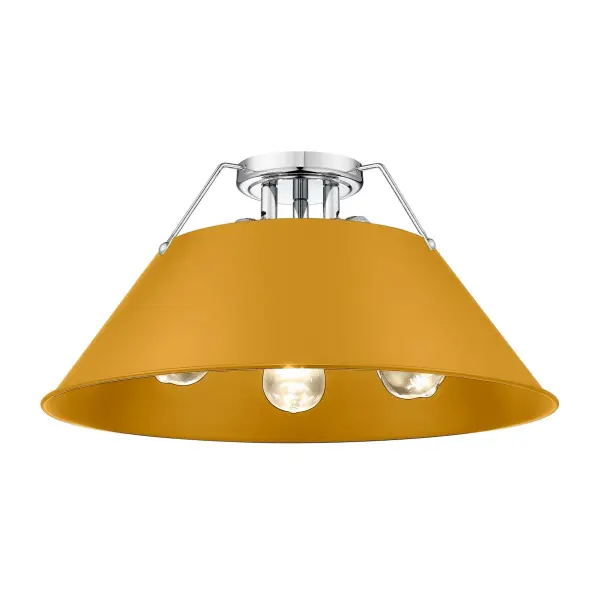 The Orwell flush mount combines industrial elegance with a striking auric yellow shade that adds personality to any space. Perfect for low ceilings, this damp-rated fixture delivers both style and function.