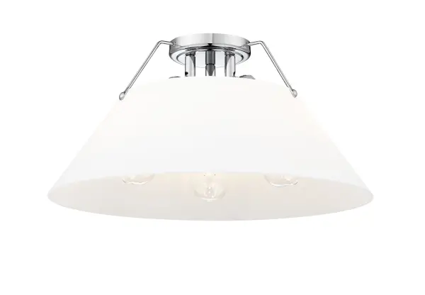 The Orwell flush mount combines industrial style with modern sophistication, featuring opal glass that diffuses light beautifully. Perfect for low-ceiling spaces, its polished chrome finish adds timeless elegance while the compact profile maximizes headroom.