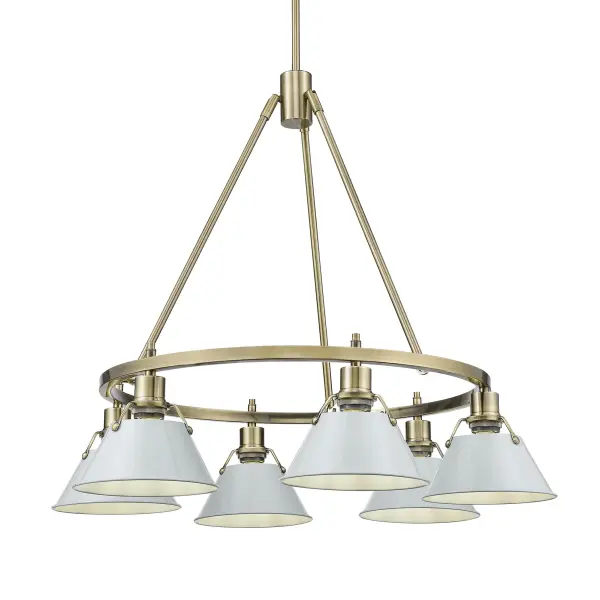 The Orwell 6-Light Chandelier combines industrial design with sophisticated finishes, featuring Aged Brass metalwork and distinctive Dusky Blue shades. Its adjustable height and sloped-ceiling compatibility make it adaptable to various spaces.