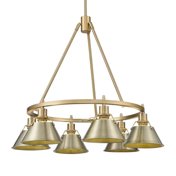 The Orwell 6-Light Chandelier combines industrial design with refined brass finishes, creating a versatile statement piece. Its adjustable height and warm metal shades make it ideal for dining rooms and foyers seeking both style and ambiance.