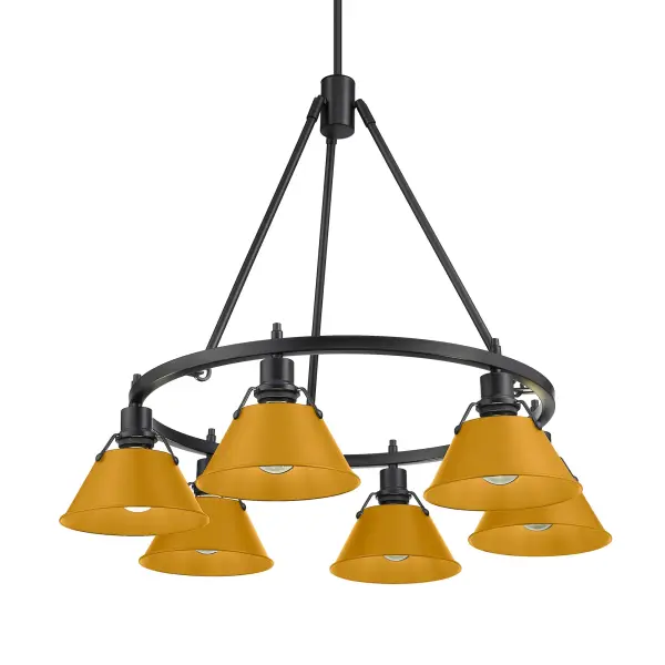 The Orwell 6-light chandelier combines industrial elegance with contemporary flair. Its matte black frame and striking auric yellow metal shades create a bold contrast that energizes any space while maintaining sophisticated style.