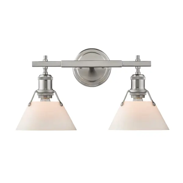 Bring industrial elegance into your home with the Yep by Golden Lighting Orwell 2-light Vanity. Featuring an opal glass shade and a pewter frame, it creates a welcoming atmosphere. The opal glass shade provides a milky, translucent glow that diffuses light evenly, enhancing the ambiance in your space. Its smooth, satin-matte finish gives it an ethereal quality that feels both vintage and contemporary. Our Pewter finish offers a soft, classic silver tone showcasing a medium-grey hue with understated charm. Perfect for bathrooms, this fixture is damp location rated, making it suitable for covered and semi-enclosed spaces with occasional moisture. Requires 2 E26 Medium base bulbs (not included) with a maximum wattage of 100 per bulb. Overall dimensions are 18.25"W x 9.88"H x 8.5"D, providing both style and practical illumination. Discover the blend of quality and elegance in your bathroom decor. - alternate view