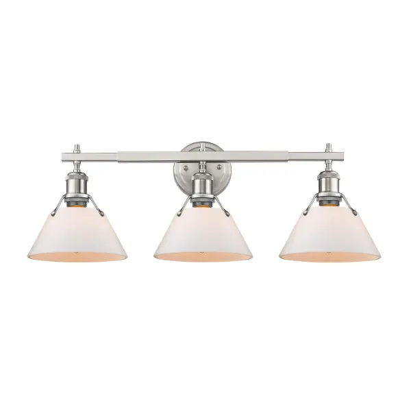 Bring industrial elegance into your home with the Yep by Golden Lighting Orwell 3-light Vanity. Featuring an opal glass shade and a pewter frame, it creates a welcoming atmosphere. The opal glass shade offers a milky, translucent glow that beautifully diffuses light, providing a glare-free ambiance. Crafted to deliver an elegant and functional lighting experience, its satin-matte surface adds a refined touch. Our medium-grey pewter finish serves as a sophisticated alternative to brighter silvers, enhancing your space with a timeless appeal. This versatile piece is perfect for brightening up bathrooms with dedicated illumination that flatters while providing practical task lighting. Damp location rated, this fixture suits covered and semi-enclosed areas such as bathrooms or laundry rooms. Installation is straightforward, requiring just three E26 medium base bulbs (not included), max wattage 100 per bulb. With overall dimensions of 27.25"W x 9.88"H x 8.5"D, it promises to be a stylish yet functional addition to your home.