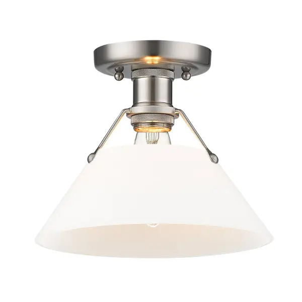 Bring industrial elegance into your home with the Yep by Golden Lighting Orwell 1-light Flush Mount. Featuring an opal glass shade and a pewter frame, it creates a welcoming atmosphere. The opal glass shade features a milky, translucent white color with a satin-matte finish, expertly crafted to diffuse light evenly for a soft, glare-free glow. This timeless design adds a touch of sophistication to any room, ensuring a cozy ambiance. Our pewter finish offers a soft and classic alternative to brighter silver tones, with a subtle warmth that makes it a beautiful fit for both traditional and modern interiors. Ideal for low ceilings in hallways, closets, laundry areas, and bathrooms, this fixture is damp location rated, making it suitable for areas with occasional moisture. Requires 1 E26 Medium base bulb (not included), max 100 watts. Overall dimensions are 10"W x 8"H x 10"D, providing wide illumination in a compact design. Transform your space with a flush mount that embodies quality and timeless style, a perfect choice for those who appreciate both elegance and practical functionality.