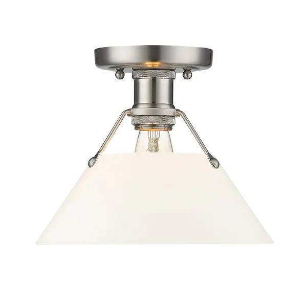Bring industrial elegance into your home with the Yep by Golden Lighting Orwell 1-light Flush Mount. Featuring an opal glass shade and a pewter frame, it creates a welcoming atmosphere. The opal glass shade features a milky, translucent white color with a satin-matte finish, expertly crafted to diffuse light evenly for a soft, glare-free glow. This timeless design adds a touch of sophistication to any room, ensuring a cozy ambiance. Our pewter finish offers a soft and classic alternative to brighter silver tones, with a subtle warmth that makes it a beautiful fit for both traditional and modern interiors. Ideal for low ceilings in hallways, closets, laundry areas, and bathrooms, this fixture is damp location rated, making it suitable for areas with occasional moisture. Requires 1 E26 Medium base bulb (not included), max 100 watts. Overall dimensions are 10"W x 8"H x 10"D, providing wide illumination in a compact design. Transform your space with a flush mount that embodies quality and timeless style, a perfect choice for those who appreciate both elegance and practical functionality. - alternate view