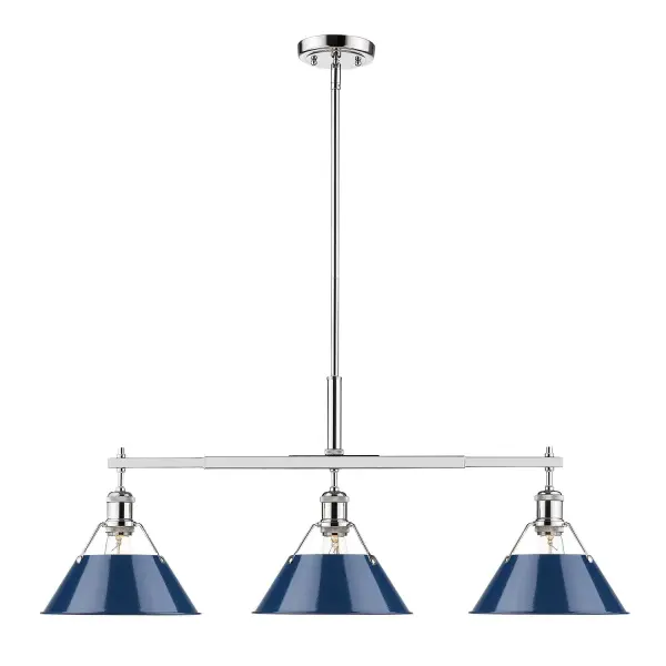 The Orwell 3-Light Island Light combines industrial charm with contemporary elegance through its striking navy blue metal shades and polished chrome finish. Perfect for modern kitchens seeking a statement piece.
