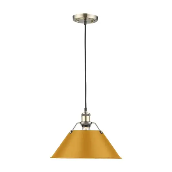 The Orwell pendant combines industrial charm with a cheerful pop of color. Its aged brass frame and auric yellow metal shade create ambient upward lighting perfect for modern and transitional spaces. - alternate view