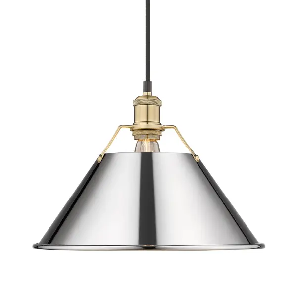 The Orwell pendant masterfully blends industrial design with elegant finishes, featuring a high-shine chrome shade paired with brushed champagne brass accents. Its adjustable height and damp rating make it versatile for various spaces.