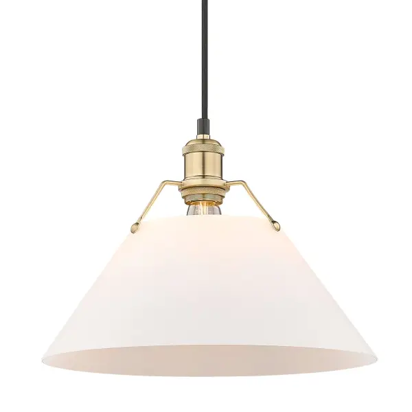 The Orwell pendant combines industrial design with refined brass finish and milky opal glass for a sophisticated, glare-free lighting solution. Its compact 14-inch size and adjustable height make it versatile for various spaces.