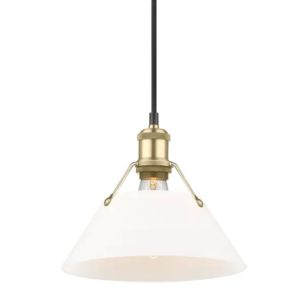 The Orwell pendant combines industrial design with refined brass finish and milky opal glass for a sophisticated, glare-free lighting solution. Its compact 14-inch size and adjustable height make it versatile for various spaces. - alternate view
