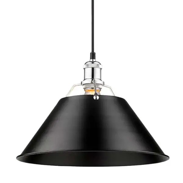 The Orwell pendant combines industrial charm with modern versatility. Its 14" matte black metal shade and polished chrome accents create a bold statement, while adjustable height and damp location rating make it practical for various spaces.