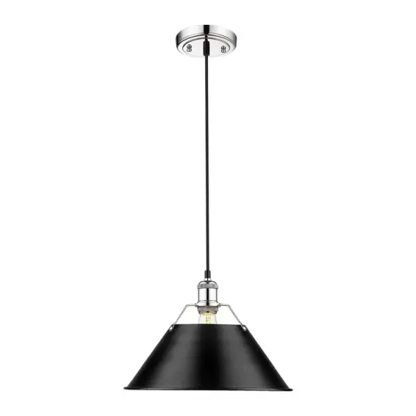 The Orwell pendant combines industrial charm with modern versatility. Its 14" matte black metal shade and polished chrome accents create a bold statement, while adjustable height and damp location rating make it practical for various spaces. - alternate view