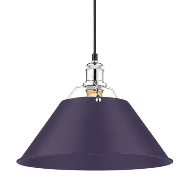 The Orwell pendant combines industrial charm with contemporary flair through its polished chrome frame and distinctive exotic purple metal shade. Adjustable height and damp location rating make it versatile for various spaces.