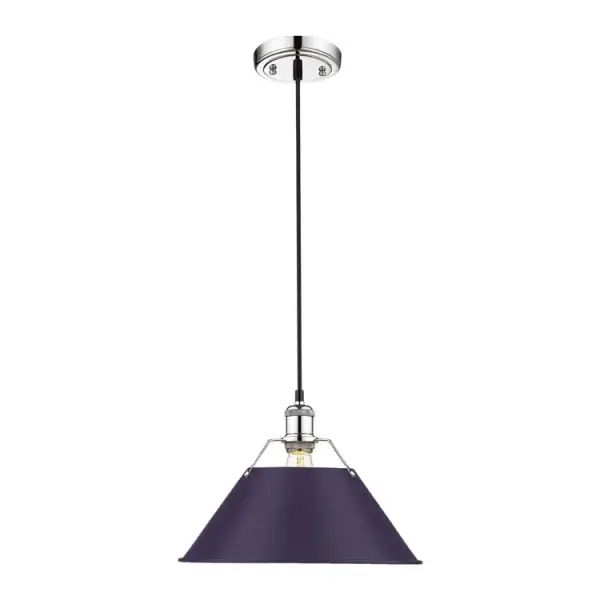 The Orwell pendant combines industrial charm with contemporary flair through its polished chrome frame and distinctive exotic purple metal shade. Adjustable height and damp location rating make it versatile for various spaces. - alternate view