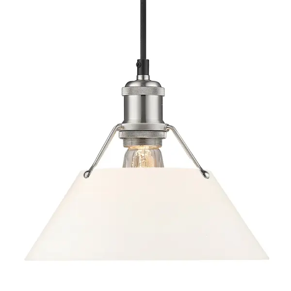 Bring industrial elegance into your home with the Yep by Golden Lighting Orwell 1-light 10in Pendant. Featuring a glass shade and a pewter frame, it creates a welcoming atmosphere. The opal glass shade diffuses light evenly, casting a soft, glare-free glow, making it timeless and elegant. Our opal glass shade is designed to provide a beautiful, luminous glow. The milky white finish perfectly diffuses light, ensuring an ethereal quality that feels both vintage and contemporary. The pewter finish provides a soft and classic alternative to brighter silver tones, offering a durable electroplated surface with a satin lustre that gently diffuses light for an elegant glow. Perfect for focused yet decorative illumination, this pendant works well in kitchens, dining rooms, or bedrooms. It's damp location rated for covered spaces and is sloped-ceiling compatible with adjustable heights, allowing you to customize it to fit your design needs. Overall dimensions are 10"W x 8.5"H x 10"D, and it requires 1 E26 medium base bulb (not included), with a maximum wattage of 100. Transform your space with the unique charm of the Orwell pendant, designed for quality and style.