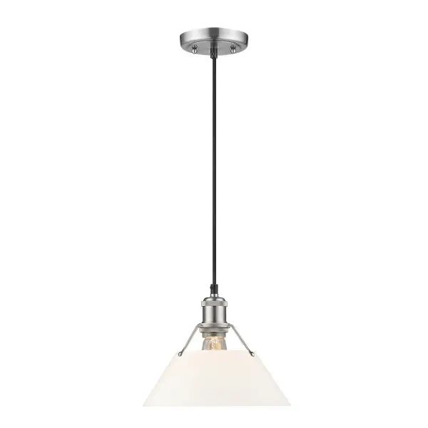Bring industrial elegance into your home with the Yep by Golden Lighting Orwell 1-light 10in Pendant. Featuring a glass shade and a pewter frame, it creates a welcoming atmosphere. The opal glass shade diffuses light evenly, casting a soft, glare-free glow, making it timeless and elegant. Our opal glass shade is designed to provide a beautiful, luminous glow. The milky white finish perfectly diffuses light, ensuring an ethereal quality that feels both vintage and contemporary. The pewter finish provides a soft and classic alternative to brighter silver tones, offering a durable electroplated surface with a satin lustre that gently diffuses light for an elegant glow. Perfect for focused yet decorative illumination, this pendant works well in kitchens, dining rooms, or bedrooms. It's damp location rated for covered spaces and is sloped-ceiling compatible with adjustable heights, allowing you to customize it to fit your design needs. Overall dimensions are 10"W x 8.5"H x 10"D, and it requires 1 E26 medium base bulb (not included), with a maximum wattage of 100. Transform your space with the unique charm of the Orwell pendant, designed for quality and style. - alternate view
