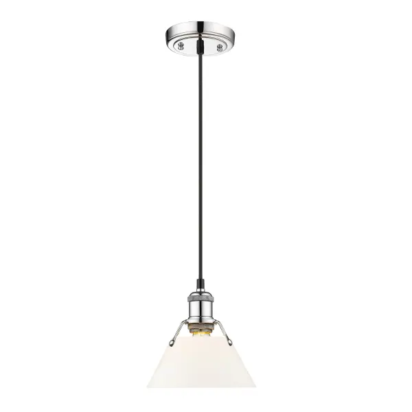 Bring industrial elegance into your home with the Yep by Golden Lighting Orwell 1-light 8in Pendant. Featuring an opal glass shade and a chrome frame, it creates a welcoming atmosphere. The opal glass shade diffuses light evenly, providing a soft, glare-free glow that enhances the mood of any space. Brilliant and timeless, the Polished Chrome finish offers a crisp, clean aesthetic that integrates seamlessly into any decor. This pendant light is suitable for damp locations, making it perfect for covered and semi-enclosed spaces, and is easily installed on angled ceilings with an adjustable height from 15" to 129". The overall dimensions are 7.5"W x 7.5"H x 7.5"D, and it requires one E26 medium base bulb (not included) with a maximum wattage of 100. Elevate your interior with this stylish and versatile fixture. - alternate view