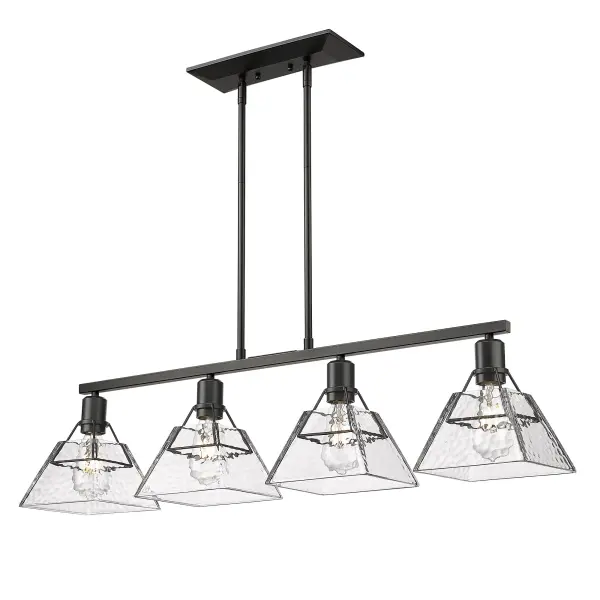 The Kepler 4-Light Island Light combines architectural boldness with refined texture. Its wavy water glass shades create captivating light refraction while the matte black finish delivers timeless modern sophistication.