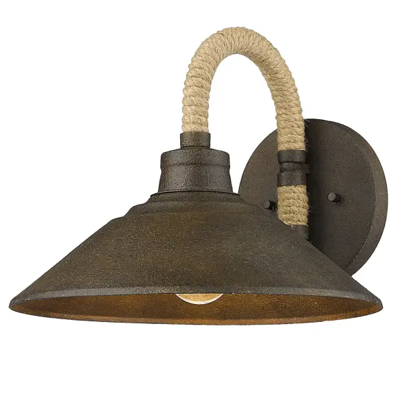 The Journey wall sconce blends rustic and nautical design with its dark rust finish and hand-wrapped natural rope details. Perfect for creating cozy ambiance in hallways, bathrooms, and bedrooms with damp location rating.