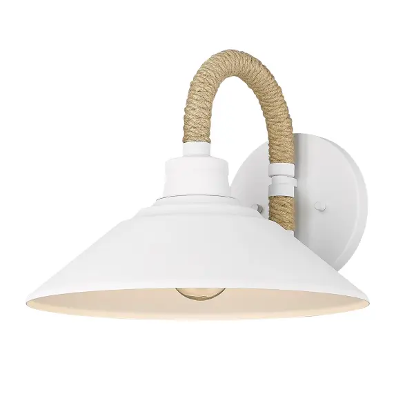 The Journey wall sconce brings soft, organic coastal style with its textured Natural White finish and metal shade. Perfect for hallways, bathrooms, and bedrooms, this damp-rated fixture combines functionality with welcoming ambiance.