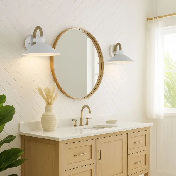 The Journey wall sconce brings soft, organic coastal style with its textured Natural White finish and metal shade. Perfect for hallways, bathrooms, and bedrooms, this damp-rated fixture combines functionality with welcoming ambiance. - alternate view