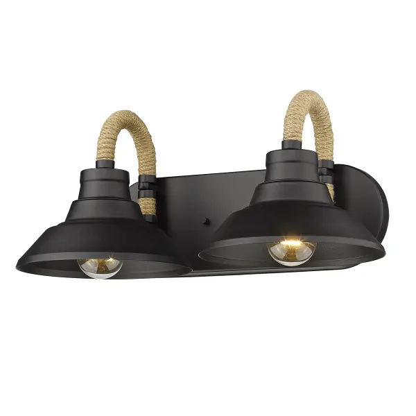 The Journey 2-Light Vanity combines industrial-inspired metal shades with a soft Natural Black finish for a sophisticated yet approachable look. Perfect for bathrooms needing both style and task lighting.