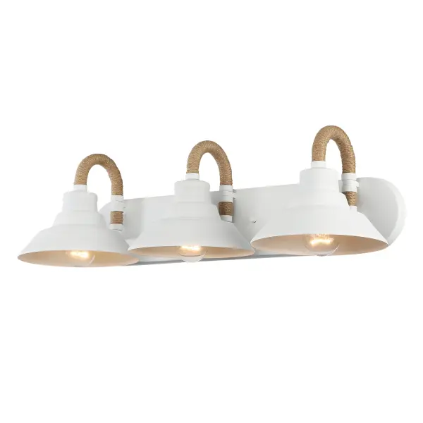 The Journey 3-Light Vanity brings seaside serenity to bathrooms with its natural rope-wrapped accents and clean Natural White finish. Perfect for modern farmhouse and coastal interiors, it provides flattering task lighting.