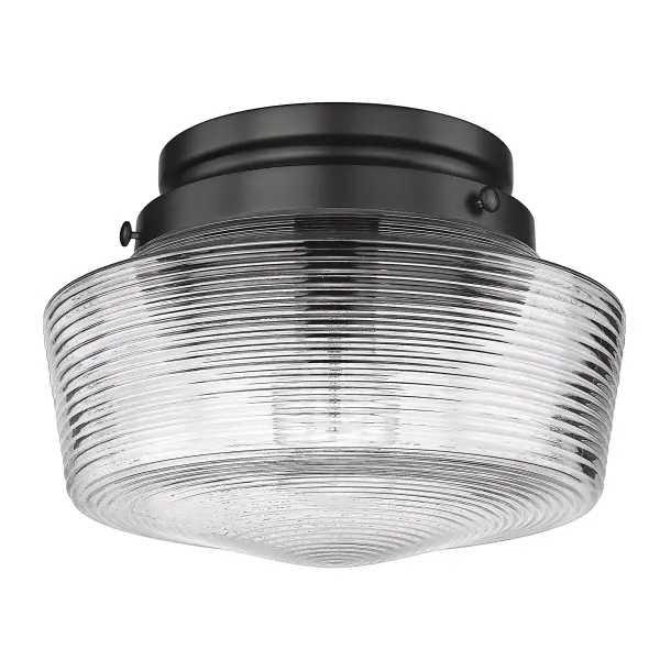 The Holloway flush mount delivers vintage industrial charm in a compact profile ideal for low-ceiling spaces. Its clear glass shade showcases the bulb while the matte black finish adds modern sophistication. - alternate view