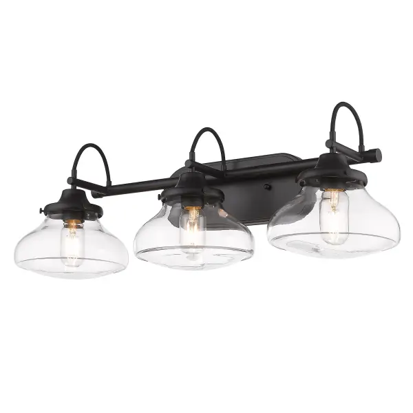 Embrace traditional charm with the Wry Lighting Nash 3-light Vanity in Matte Black. Featuring glass shades that beautifully diffuse light and a matte black finish, it creates a welcoming ambiance. The clear glass shades provide brilliant illumination, allowing the design of the fixture and bulbs to shine. The matte black finish adds a sophisticated touch that complements any decor style, from classic to contemporary. Ideal for bathrooms, this fixture is damp location rated, suitable for spaces with occasional moisture. It requires 3 E26 Medium base bulbs (not included) with a maximum of 60 watts each, ensuring effective task lighting. With overall dimensions of 28.5"W x 10"H x 9.25"D, it provides both style and functionality for everyday use. Elevate your bathroom's aesthetic with this charming and versatile vanity light. Collection: Nash Rooms: Bath Finish: Matte Black Glass: Clear Glass Width: 28.50" Height: 10.00" Weight: 6.79 lb Extension from Wall: 9.25" Wire: 8`` Canopy: 11.88"W x 4.63"H x 0.75"D Number of Bulbs: 3 Maximum Wattage: 60.00 W Bulb Type: A19 Bulb Base: E26 Light Source: Incandescent Dimmable Voltage: 120.00 V Material: Steel Country of Origin: China Safety Listing: ETL Safety Rating: Damp Connection: Hardware Manufacturer Warranty: 1 Year Limited