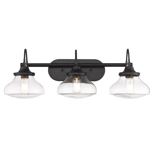 Embrace traditional charm with the Wry Lighting Nash 3-light Vanity in Matte Black. Featuring glass shades that beautifully diffuse light and a matte black finish, it creates a welcoming ambiance. The clear glass shades provide brilliant illumination, allowing the design of the fixture and bulbs to shine. The matte black finish adds a sophisticated touch that complements any decor style, from classic to contemporary. Ideal for bathrooms, this fixture is damp location rated, suitable for spaces with occasional moisture. It requires 3 E26 Medium base bulbs (not included) with a maximum of 60 watts each, ensuring effective task lighting. With overall dimensions of 28.5"W x 10"H x 9.25"D, it provides both style and functionality for everyday use. Elevate your bathroom's aesthetic with this charming and versatile vanity light. Collection: Nash Rooms: Bath Finish: Matte Black Glass: Clear Glass Width: 28.50" Height: 10.00" Weight: 6.79 lb Extension from Wall: 9.25" Wire: 8`` Canopy: 11.88"W x 4.63"H x 0.75"D Number of Bulbs: 3 Maximum Wattage: 60.00 W Bulb Type: A19 Bulb Base: E26 Light Source: Incandescent Dimmable Voltage: 120.00 V Material: Steel Country of Origin: China Safety Listing: ETL Safety Rating: Damp Connection: Hardware Manufacturer Warranty: 1 Year Limited - alternate view