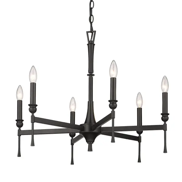 The Landon 6-light chandelier delivers striking modern style with its clean architectural lines and sophisticated matte black finish. Perfect for creating a dramatic focal point in dining rooms and foyers.