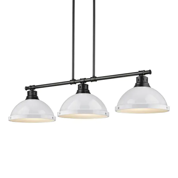 Bring farmhouse elegance into your home with the Yep by Golden Lighting Duncan 3-light Island Light. Featuring a metal shade and a matte black frame, it creates a welcoming atmosphere ideal for entertaining and daily routines. This metal shade features a high-gloss white finish that provides excellent light reflection and is smooth to the touch, designed for timeless utility styling. The matte black finish offers an understated elegance, making it the perfect companion for a wide range of decor styles, from minimalist to contemporary. Safety rated for dry locations, this fixture is tailored for indoor spaces like kitchens and living areas. Its convertible design allows for adjustable height installation, accommodating both sloped and flat ceilings, ranging from 13.125" to 63". Overall dimensions are 40"W x 8.5"H x 10.88"D, and it requires three E26 medium base bulbs (not included), with a maximum wattage of 100 per bulb. This pendant light unifies style and function, enhancing the charm of your kitchen island or dining area, while promising lasting quality.