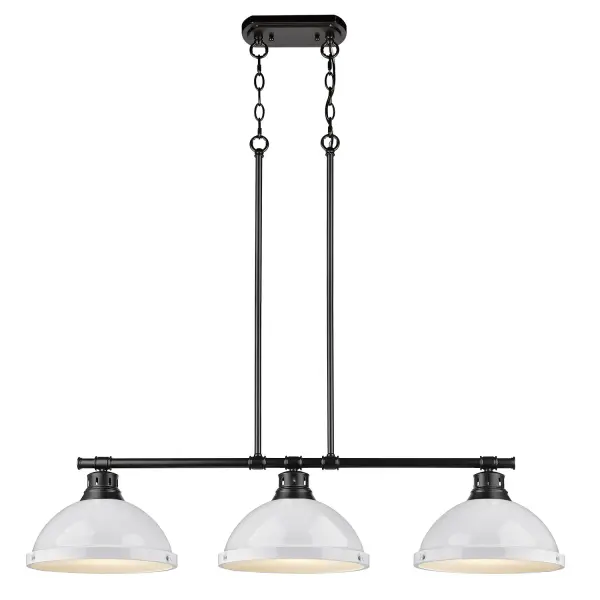 Bring farmhouse elegance into your home with the Yep by Golden Lighting Duncan 3-light Island Light. Featuring a metal shade and a matte black frame, it creates a welcoming atmosphere ideal for entertaining and daily routines. This metal shade features a high-gloss white finish that provides excellent light reflection and is smooth to the touch, designed for timeless utility styling. The matte black finish offers an understated elegance, making it the perfect companion for a wide range of decor styles, from minimalist to contemporary. Safety rated for dry locations, this fixture is tailored for indoor spaces like kitchens and living areas. Its convertible design allows for adjustable height installation, accommodating both sloped and flat ceilings, ranging from 13.125" to 63". Overall dimensions are 40"W x 8.5"H x 10.88"D, and it requires three E26 medium base bulbs (not included), with a maximum wattage of 100 per bulb. This pendant light unifies style and function, enhancing the charm of your kitchen island or dining area, while promising lasting quality. - alternate view