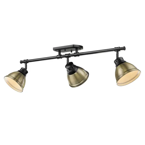 The Duncan semi-flush mount combines matte black sophistication with warm aged brass accents, featuring three adjustable directional heads for customizable illumination in any space.