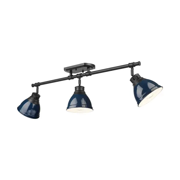The Duncan Semi-Flush Mount combines farmhouse charm with nautical flair through its striking navy blue metal shades and matte black frame. Adjustable directional heads offer customizable lighting control.
