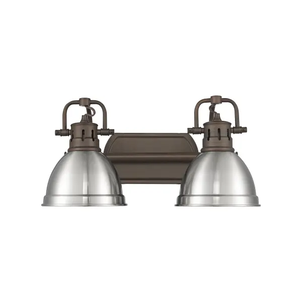 The Duncan 2-Light Vanity combines traditional farmhouse elegance with practical functionality. Featuring adjustable directional heads and a warm rubbed bronze finish with pewter shades, it delivers flattering task lighting for bathrooms. - alternate view