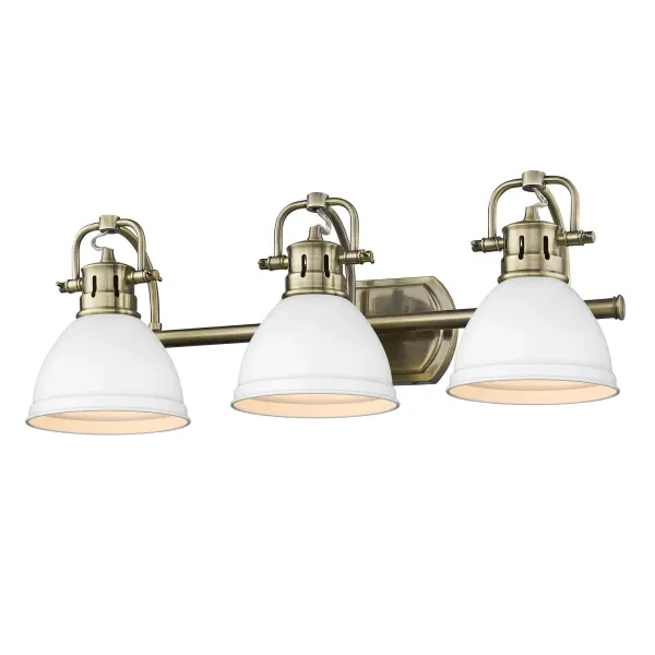 The Duncan 3-Light Vanity combines vintage-inspired aged brass with crisp matte white shades for a timeless farmhouse aesthetic. Adjustable directional heads offer customizable lighting, while damp location rating ensures durability in bathrooms.