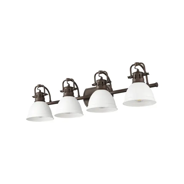 The Duncan 4-Light Vanity combines farmhouse charm with industrial styling through its rubbed bronze frame and matte white metal shades. At 33.5" wide, it provides ample task lighting for medium to large bathrooms. - alternate view