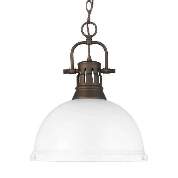 The Duncan pendant combines classic farmhouse charm with industrial styling through its rubbed bronze finish and clean white dome shade. At 14 inches wide, it's perfectly sized for intimate spaces while the adjustable chain allows customization from 20 to 92 inches. Damp-rated for semi-enclosed areas and sloped ceiling compatible.