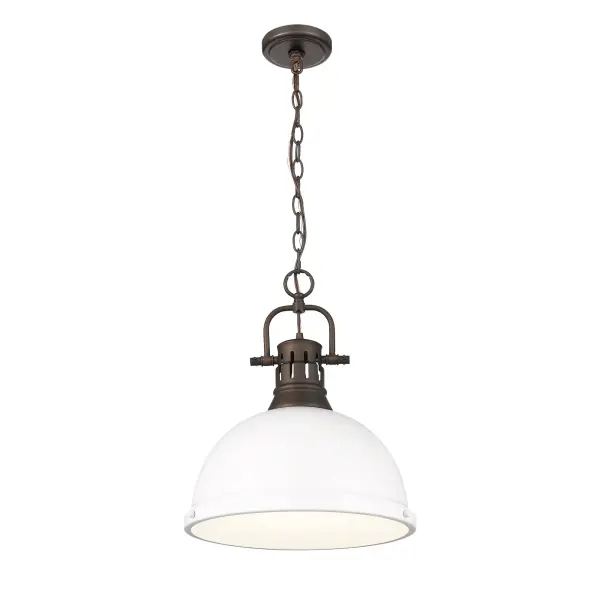 The Duncan pendant combines classic farmhouse charm with industrial styling through its rubbed bronze finish and clean white dome shade. At 14 inches wide, it's perfectly sized for intimate spaces while the adjustable chain allows customization from 20 to 92 inches. Damp-rated for semi-enclosed areas and sloped ceiling compatible. - alternate view