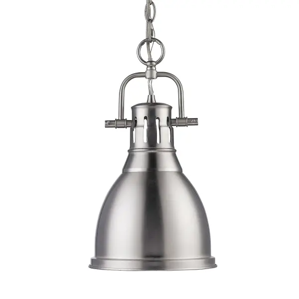 Bring farmhouse elegance into your home with the Yep by Golden Lighting Duncan 1-light 9in Chain Hung Pendant. Featuring a metal shade and a pewter frame, it creates a welcoming atmosphere. The classic pewter shade showcases a medium-toned, warm silver-grey hue with a uniform satin lustre, enhancing light diffusion and creating an inviting glow. Our pewter finish provides a soft alternative to brighter silver tones, adding traditional charm to any space. This pendant light is damp location rated, suitable for bathrooms and covered porches, and installs easily on sloped ceilings, with adjustable height ranging from 19.5" to 91.5". The overall dimensions are 8.88"W x 16.5"H x 8.88"D, requiring 1 E26 medium base bulb (not included, max 100 wattage). This piece combines style and functionality for an exceptional addition to your decor.