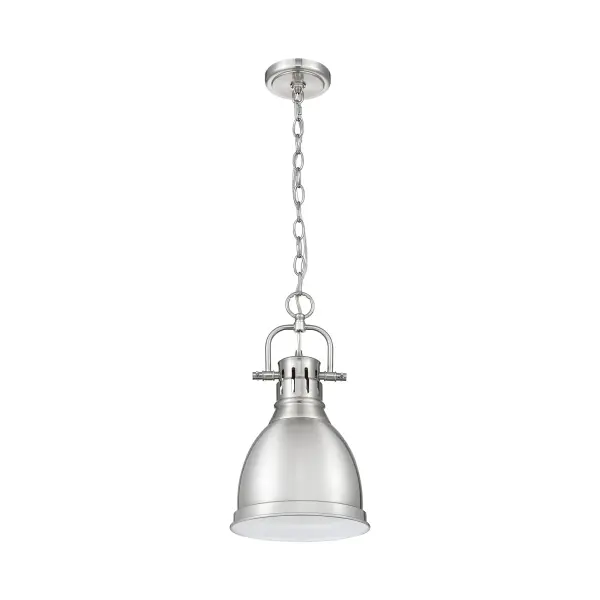 Bring farmhouse elegance into your home with the Yep by Golden Lighting Duncan 1-light 9in Chain Hung Pendant. Featuring a metal shade and a pewter frame, it creates a welcoming atmosphere. The classic pewter shade showcases a medium-toned, warm silver-grey hue with a uniform satin lustre, enhancing light diffusion and creating an inviting glow. Our pewter finish provides a soft alternative to brighter silver tones, adding traditional charm to any space. This pendant light is damp location rated, suitable for bathrooms and covered porches, and installs easily on sloped ceilings, with adjustable height ranging from 19.5" to 91.5". The overall dimensions are 8.88"W x 16.5"H x 8.88"D, requiring 1 E26 medium base bulb (not included, max 100 wattage). This piece combines style and functionality for an exceptional addition to your decor. - alternate view
