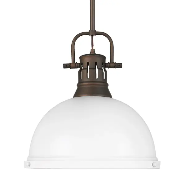 The Duncan pendant combines farmhouse warmth with industrial style through its rubbed bronze frame and matte white dome shade. At 14 inches wide, it's perfectly sized for kitchen islands, dining nooks, and entryways.