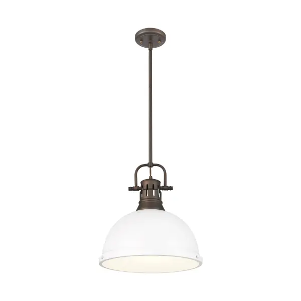 The Duncan pendant combines farmhouse warmth with industrial style through its rubbed bronze frame and matte white dome shade. At 14 inches wide, it's perfectly sized for kitchen islands, dining nooks, and entryways. - alternate view