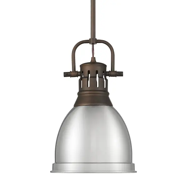 Bring farmhouse elegance into your home with the Yep by Golden Lighting Duncan 1-light 9in Rod Hung Pendant. Featuring a metal shade and a rubbed bronze frame, it creates a welcoming atmosphere. The metal shade showcases a pewter finish with a medium-toned, warm silver-grey color that's satin lustrous and beautifully diffuses light, creating an elegant glow. Our rubbed bronze finish provides classic warmth with its rich, deep brown base, expertly brushed to reveal subtle highlights of warm, coppery bronze. It seamlessly complements a wide range of styles, from traditional to industrial. Perfect for kitchens, dining rooms, or bedrooms, this damp location-rated fixture is suitable for covered spaces with occasional moisture. Installation is a breeze with its sloped-ceiling compatibility and adjustable height (Min: 22.25"- Max: 58.25"). Overall Dimensions: 8.88"W x 14.25"H x 8.88"D. Requires 1 E26 Medium base bulb (not included), max 100 watts. Add a stylish statement to your space with this quality fixture that embodies traditional charm and functionality.