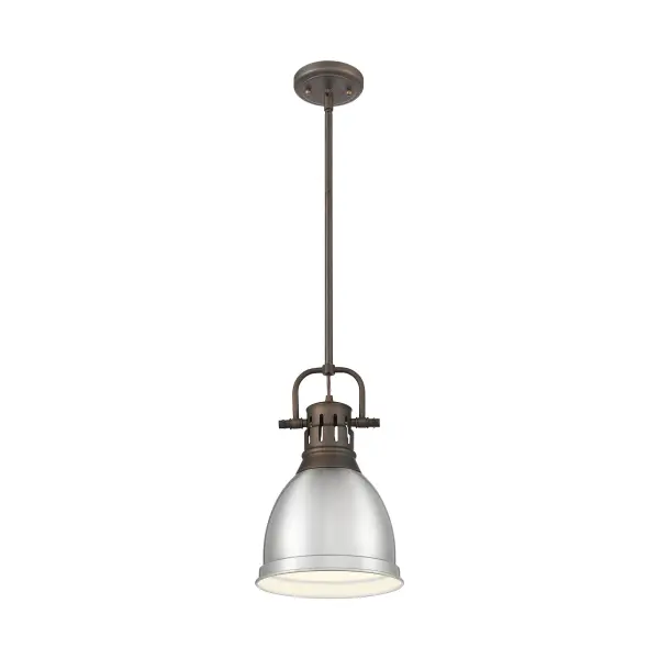 Bring farmhouse elegance into your home with the Yep by Golden Lighting Duncan 1-light 9in Rod Hung Pendant. Featuring a metal shade and a rubbed bronze frame, it creates a welcoming atmosphere. The metal shade showcases a pewter finish with a medium-toned, warm silver-grey color that's satin lustrous and beautifully diffuses light, creating an elegant glow. Our rubbed bronze finish provides classic warmth with its rich, deep brown base, expertly brushed to reveal subtle highlights of warm, coppery bronze. It seamlessly complements a wide range of styles, from traditional to industrial. Perfect for kitchens, dining rooms, or bedrooms, this damp location-rated fixture is suitable for covered spaces with occasional moisture. Installation is a breeze with its sloped-ceiling compatibility and adjustable height (Min: 22.25"- Max: 58.25"). Overall Dimensions: 8.88"W x 14.25"H x 8.88"D. Requires 1 E26 Medium base bulb (not included), max 100 watts. Add a stylish statement to your space with this quality fixture that embodies traditional charm and functionality. - alternate view