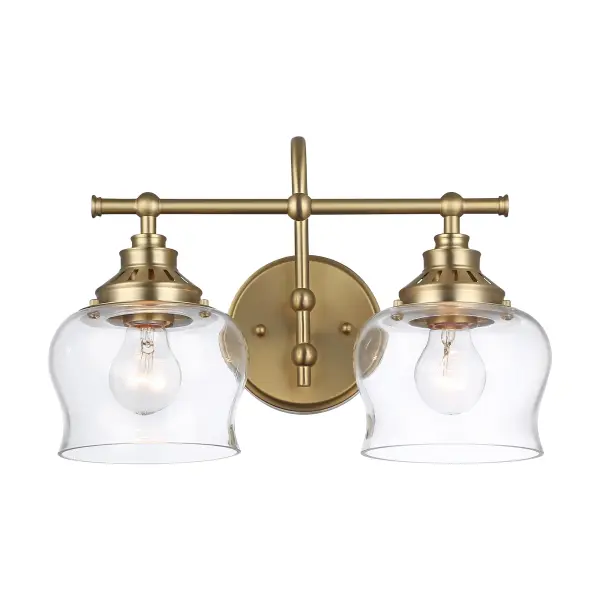 Bring Transitional elegance into your home with the Wry Lighting Daphne 2-light Vanity in Brushed Champagne Brass. Featuring a glass shade and a Brushed Champagne Brass frame, it creates a welcoming atmosphere. The clear glass shade offers brilliant, unobstructed light, making it perfect for enhancing various styles from modern farmhouse to contemporary. The finish exudes quiet luxury and adds contemporary style to any interior. Damp location rated, this fixture is suitable for covered and semi-enclosed spaces with occasional moisture, such as bathrooms and laundry rooms. Requires two E26 medium base bulbs (not included) with a maximum wattage of 60 per bulb. Overall dimensions are 15.13"W x 10.13"H x 8.5"D. Experience a blend of style and quality with this elegant piece from Wry Lighting. Collection: Daphne Finish: Brushed Champagne Brass Glass: Clear Glass Width: 15.13" Height: 10.13" Weight: 3.96 lb Extension from Wall: 8.50" Canopy: 5.13"W x 5.13"H x 1"D Number of Bulbs: 2 Maximum Wattage: 120.00 W Bulb Type: A19 Bulb Base: E26 Light Source: Incandescent Dimmable Voltage: 120.00 V Country of Origin: China Safety Listing: ETL Manufacturer Warranty: 1 Year Limited - alternate view